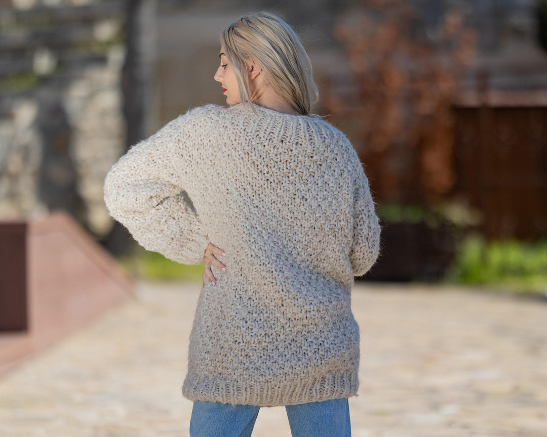 Hand Knitted Beige Sweater in Extrafine Mohair and Lambswool, Rice Knit Jumper T1427