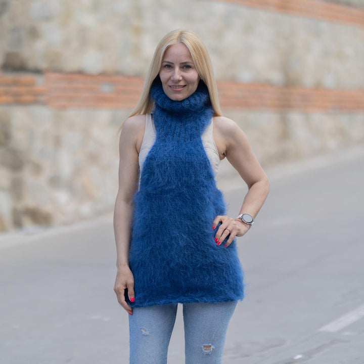 Hand-Knitted Blue Mohair Fuzzy Top with High Neck – Soft Fluffy Sleeveless Sweater Vest T1859