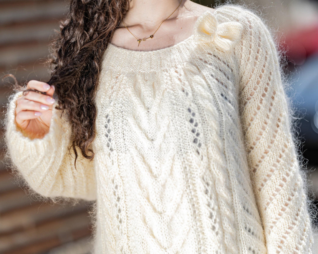 Lace and Cabled Mohair Sweater – Hand-Knitted Elegant Pullover T1425