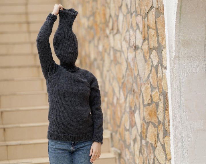 Gray Mohair Turtleneck Sweater – Hand-Knitted Soft Fluffy Pullover with Extra-Long 55 cm Neck T1379