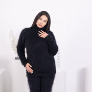 Pull à col roulé noir en mohair – Pull d'hiver doux et moelleux tricoté à la main T1589
