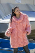 10-fädiger klobiger Zopfmuster-Mohair-Pullover – handgestrickter pinker Pullover T569