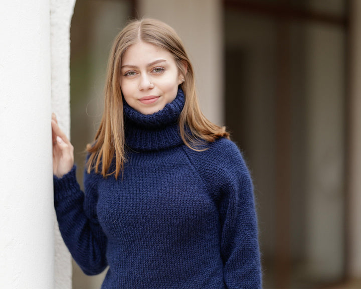Navy Blue Mohair Turtleneck Sweater – Hand-Knitted Fluffy Soft Winter Pullover T1380