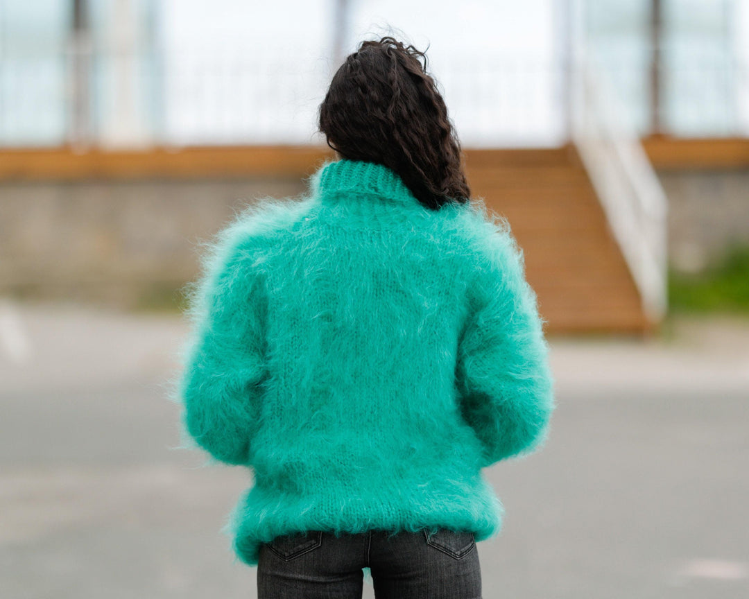 Hand Knitted Green Mohair Sweater, Chunky Fluffy Turtleneck Jumper, Warm Pullover T1398