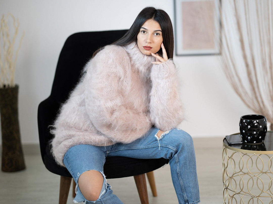 Beige Mohair Turtleneck Sweater, Hand Knitted Soft Fluffy Pullover T1153