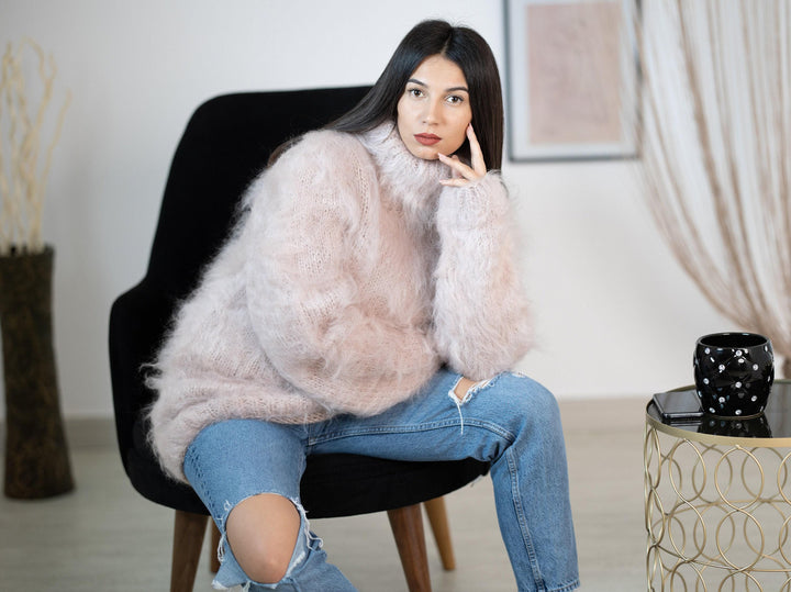Beige Mohair Turtleneck Sweater, Hand Knitted Soft Fluffy Pullover T1153