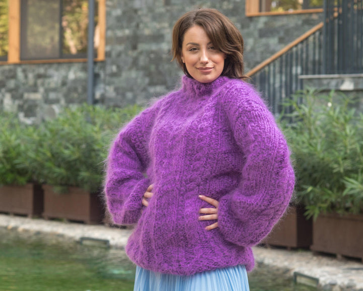 Purple Mohair Sweater – Hand-Knitted Light Chunky Bright Bohemian Pullover T841
