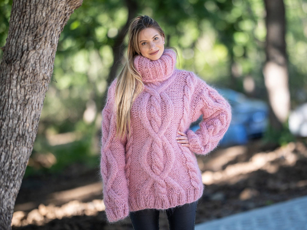 10-Strand Cabled Mohair Sweater – Hand-Knitted Chunky Fuzzy Jumper T1214