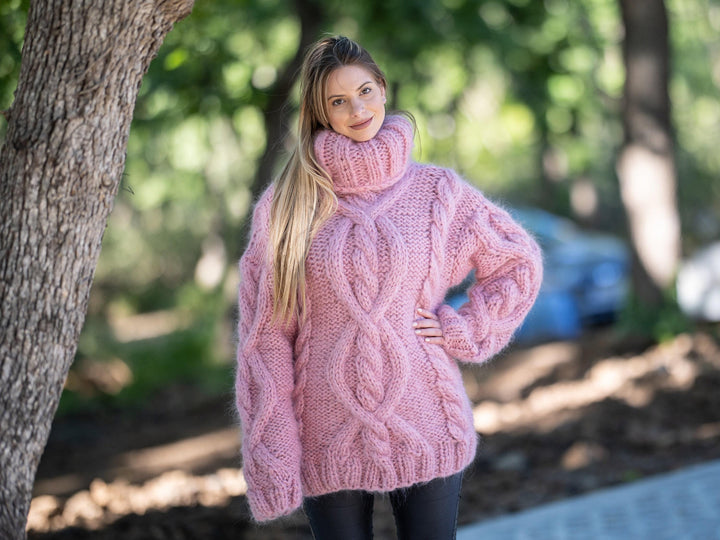 10-Strand Cabled Mohair Sweater – Hand-Knitted Chunky Fuzzy Jumper T1214