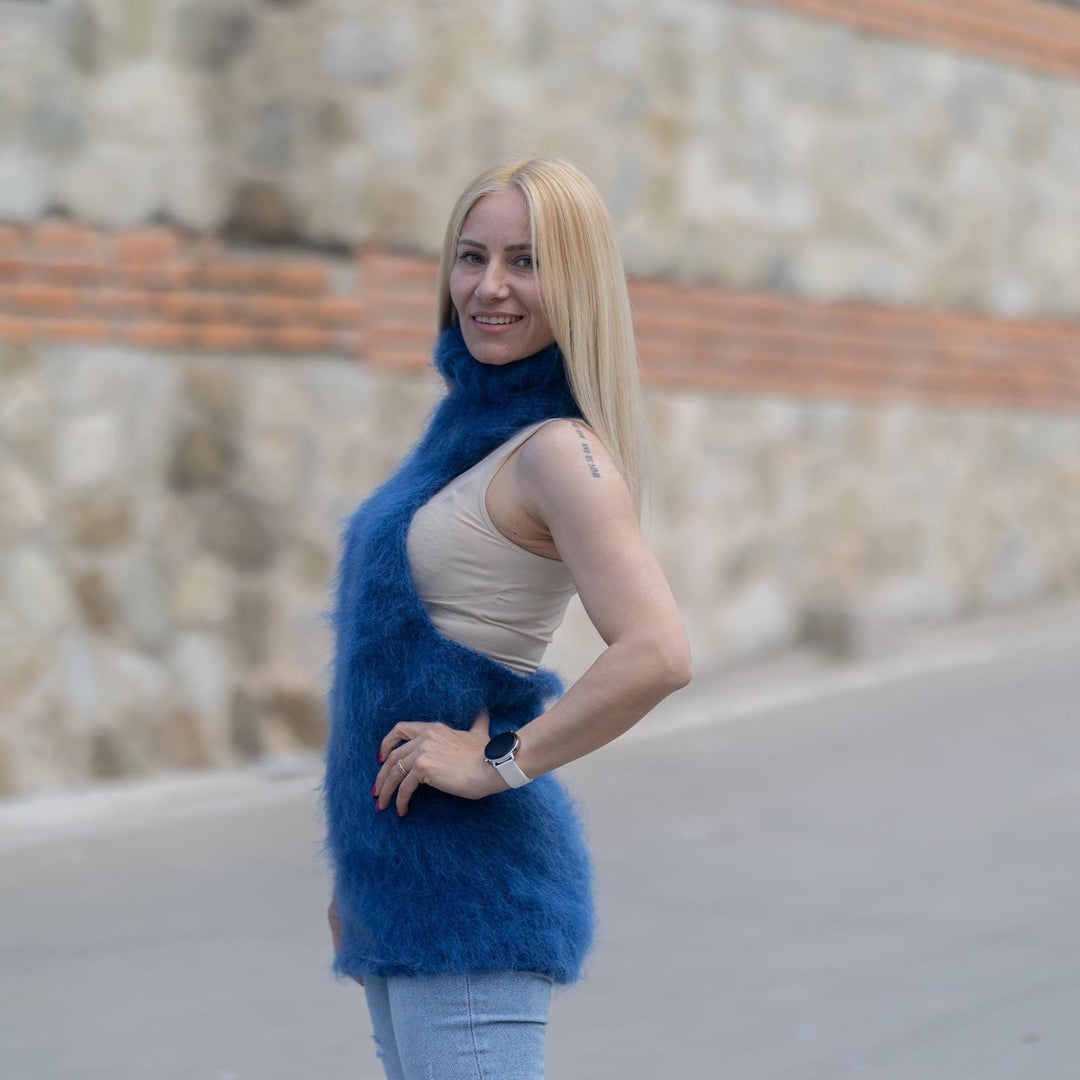 Hand-Knitted Blue Mohair Fuzzy Top with High Neck – Soft Fluffy Sleeveless Sweater Vest T1859