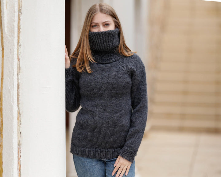 Gray Mohair Turtleneck Sweater – Hand-Knitted Soft Fluffy Pullover with Extra-Long 55 cm Neck T1379