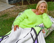 Neon Grüner Mohairpullover – Handgestrickter flauschiger kratziger Strukturpullover T877