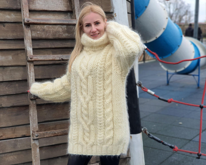 5-Strand Cream Mohair Sweater – Hand-Knitted Cabled Chunky Oversized Pullover T942