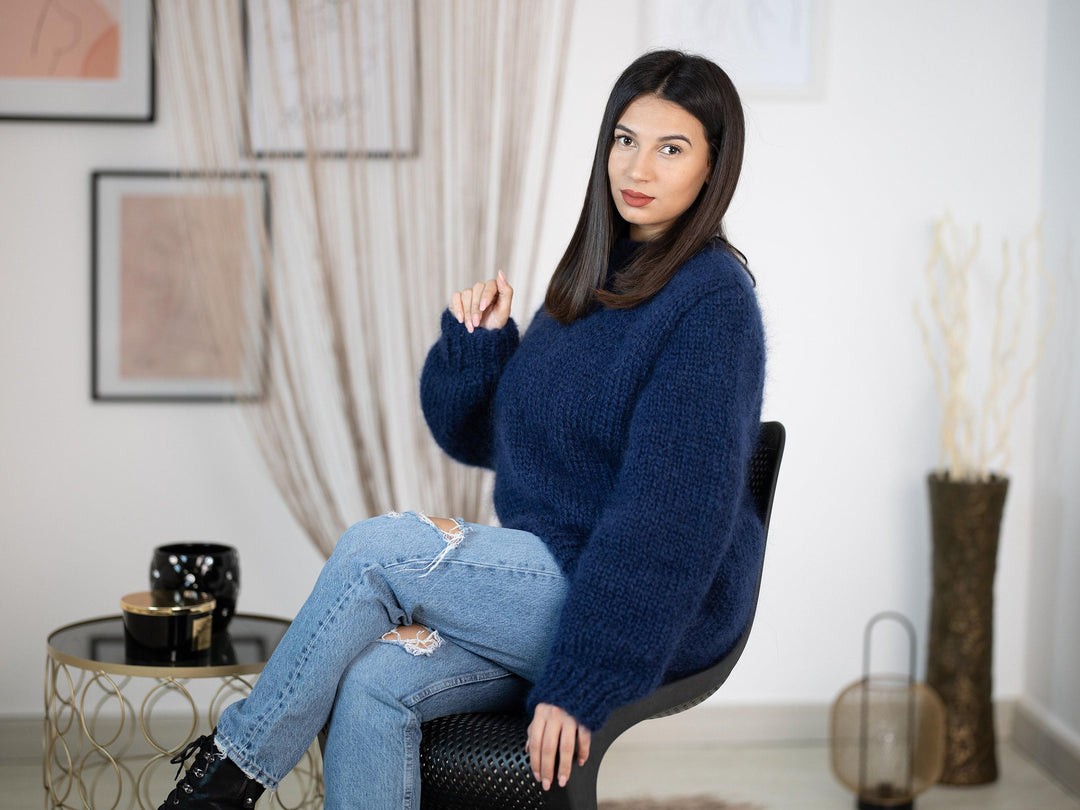 Hand-Knitted Blue Mohair Sweater – Soft Fluffy Crewneck Jumper T1151