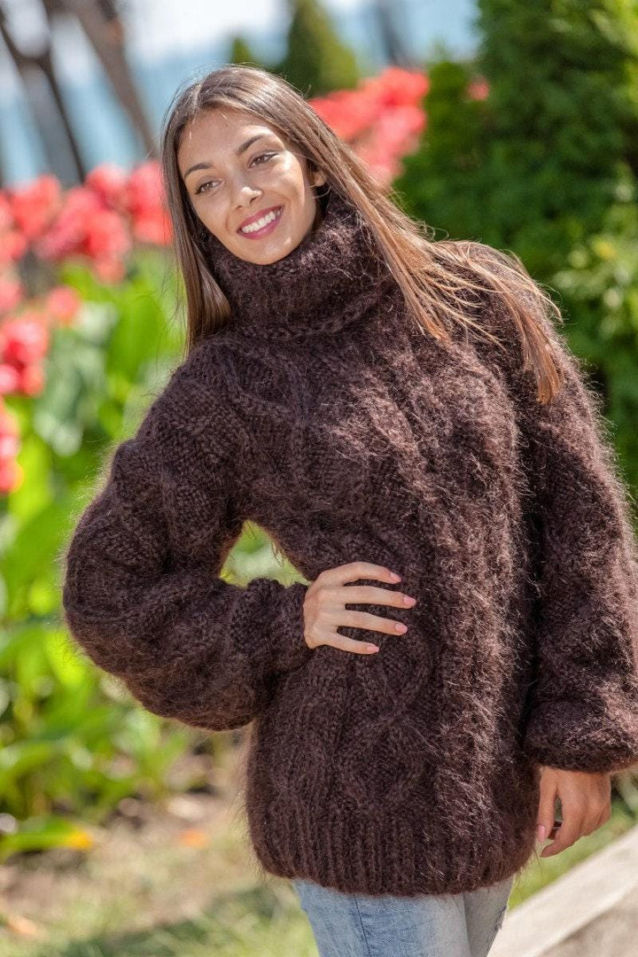 Brown Mohair Sweater – Hand-Knitted Cabled Chunky Oversized Crewneck Pullover T365