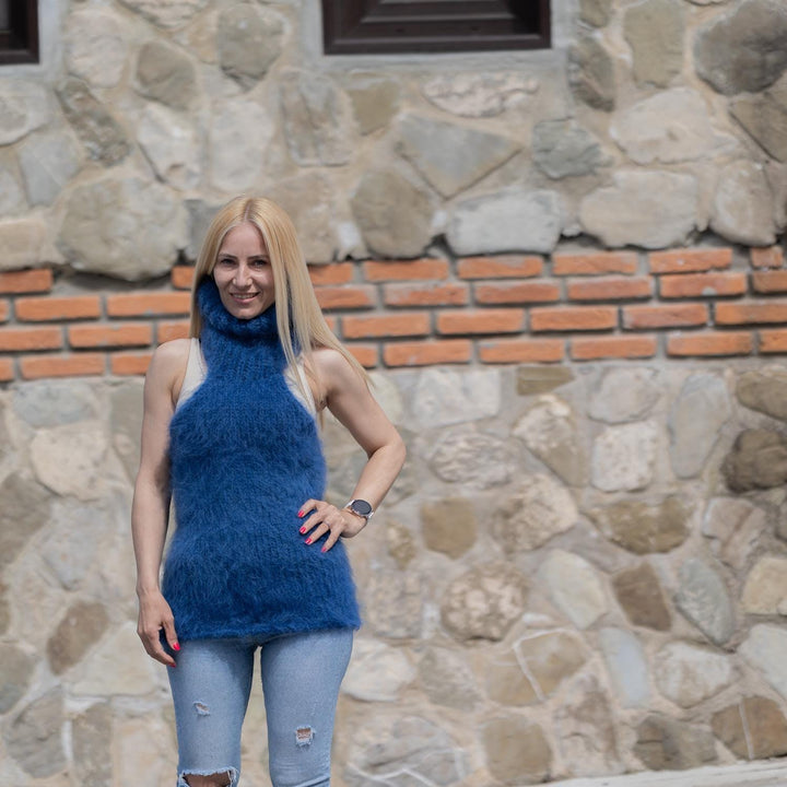 Hand-Knitted Blue Mohair Fuzzy Top with High Neck – Soft Fluffy Sleeveless Sweater Vest T1859