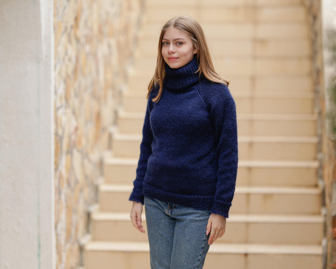 Navy Blue Mohair Turtleneck Sweater – Hand-Knitted Fluffy Soft Winter Pullover T1380