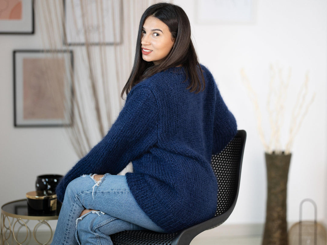 Hand-Knitted Blue Mohair Sweater – Soft Fluffy Crewneck Jumper T1151