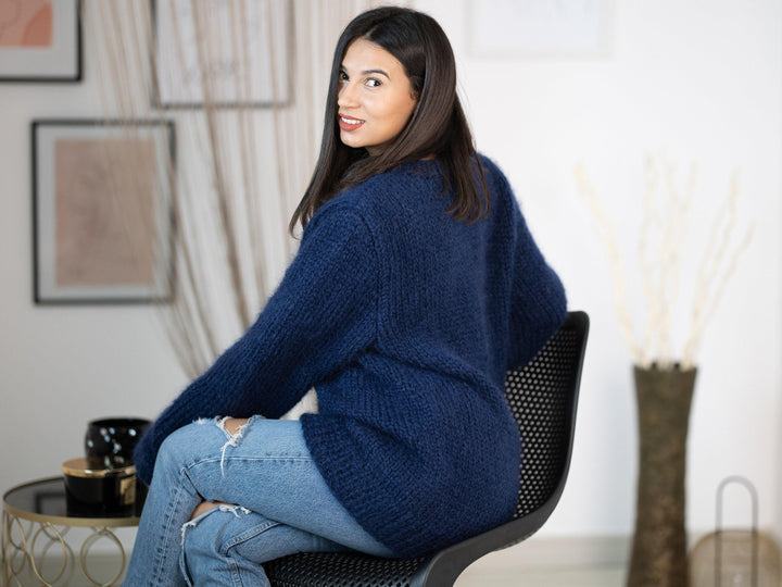 Hand-Knitted Blue Mohair Sweater – Soft Fluffy Crewneck Jumper T1151