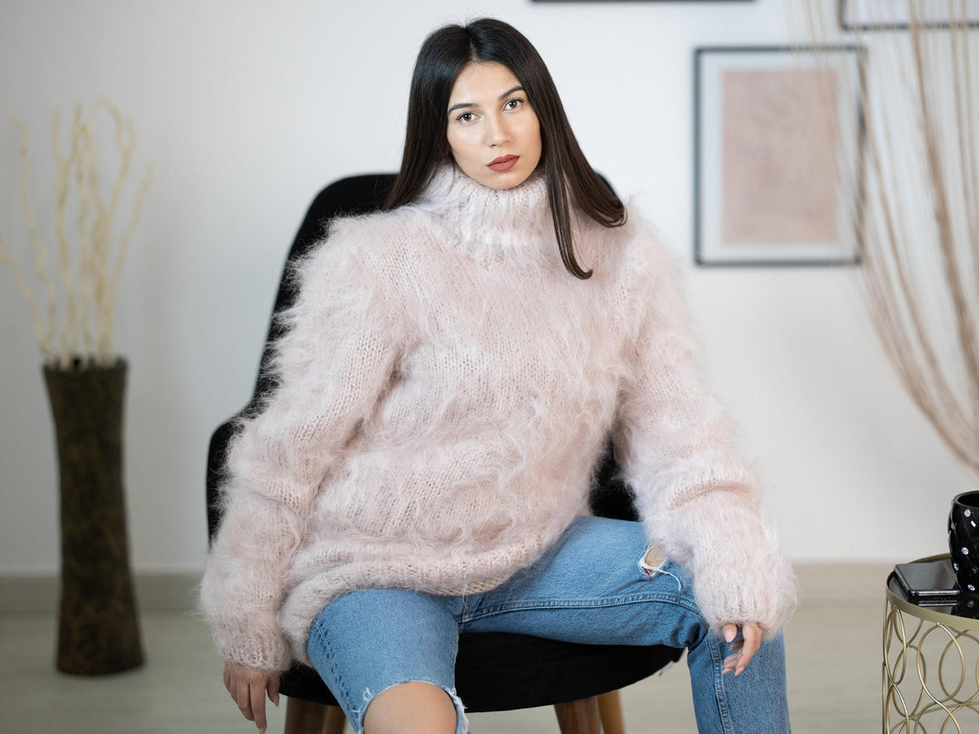 Beige Mohair Turtleneck Sweater, Hand Knitted Soft Fluffy Pullover T1153