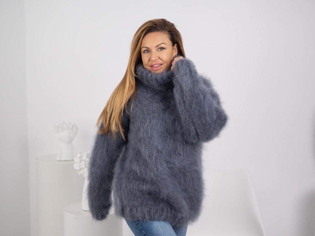 Hand-Knitted Gray Mohair Sweater – Fluffy Chunky Oversized Turtleneck Pullover T1740