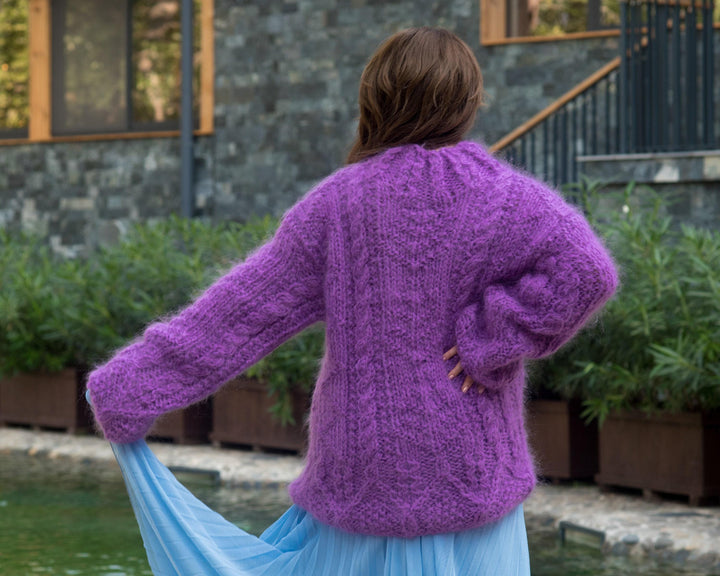 Purple Mohair Sweater – Hand-Knitted Light Chunky Bright Bohemian Pullover T841