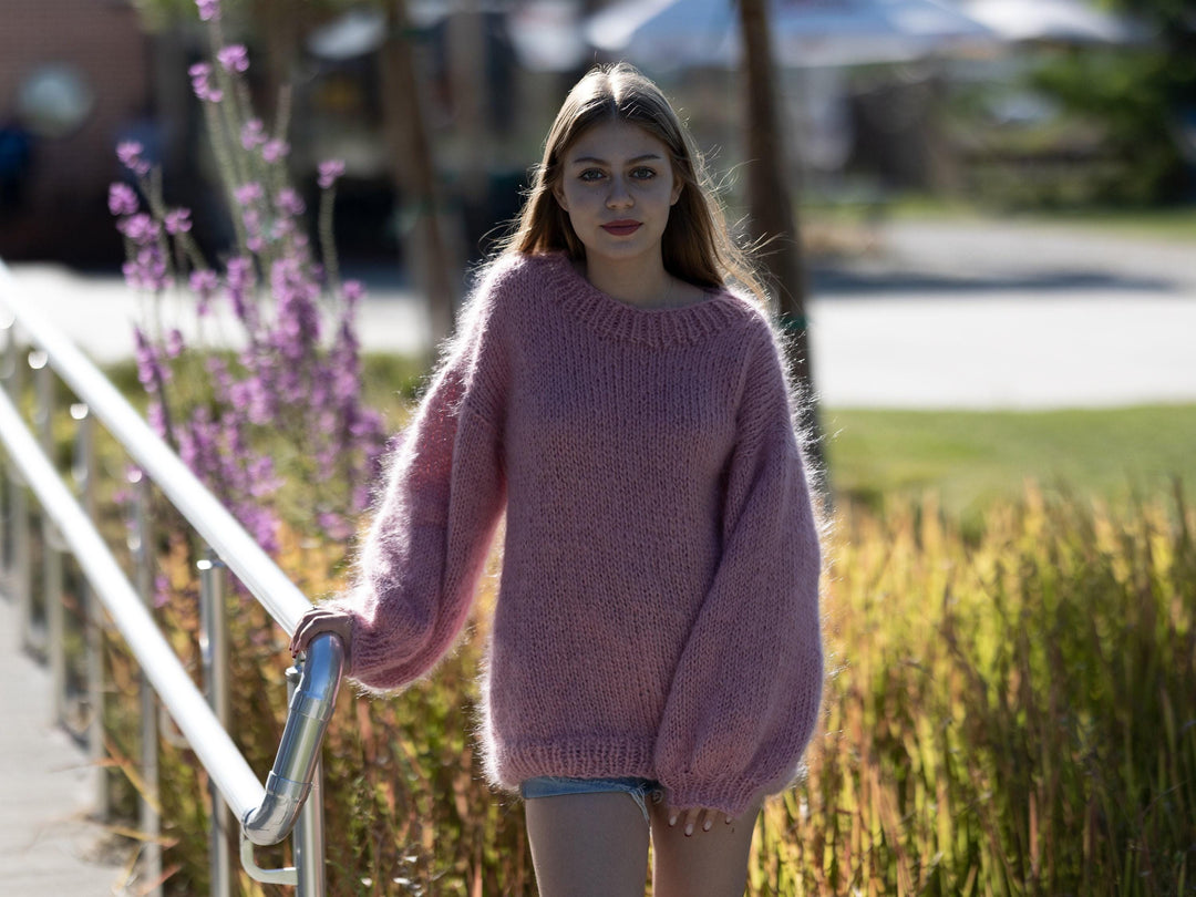 Hand Knitted Pink Mohair Sweater, Fluffy Soft See Through Jumper T1251