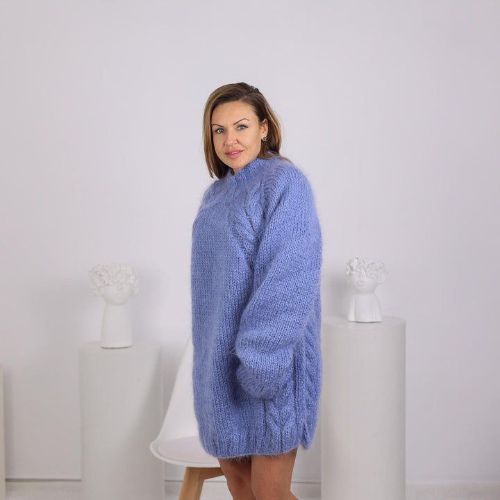 Blue Mohair Sweater – Hand-Knitted Soft Fluffy Cabled Oversized Pullover T1795