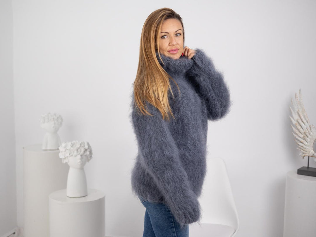 Hand-Knitted Gray Mohair Sweater – Fluffy Chunky Oversized Turtleneck Pullover T1740