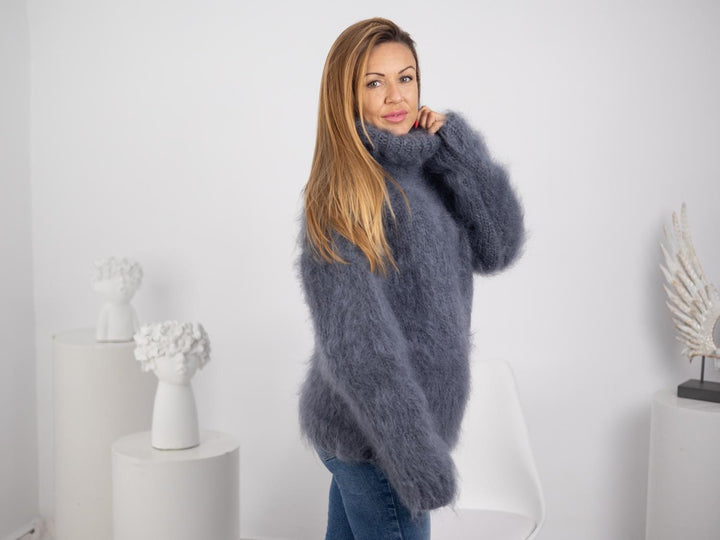Hand-Knitted Gray Mohair Sweater – Fluffy Chunky Oversized Turtleneck Pullover T1740
