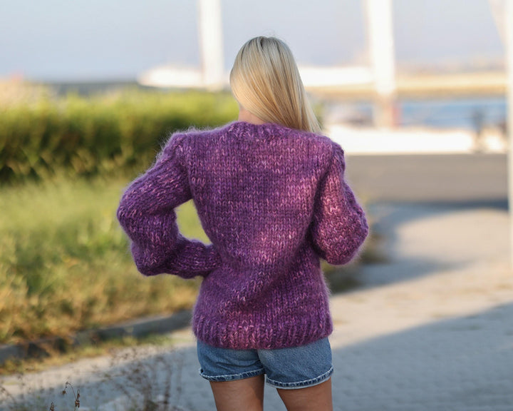 16-Strand Cabled Mohair–Alpaca Mix Sweater – Hand-Knitted Chunky Fuzzy Jumper T1478