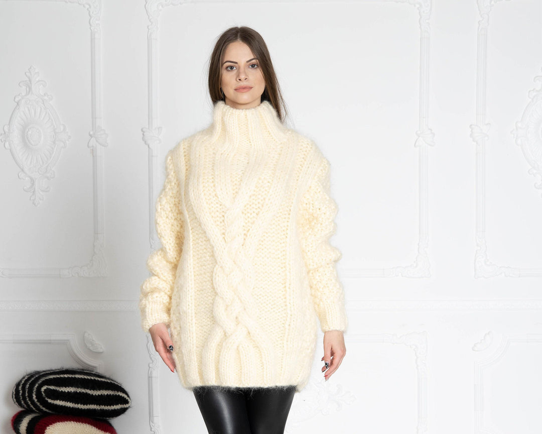 6-Strand Cream Mohair Sweater – Hand-Knitted Cabled Chunky Oversized Pullover T643W