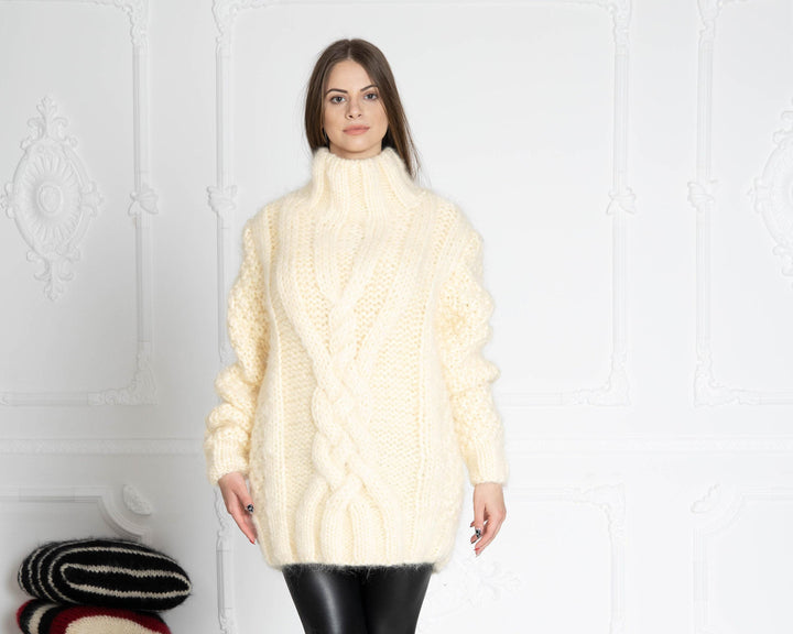 6-Strand Cream Mohair Sweater – Hand-Knitted Cabled Chunky Oversized Pullover T643W