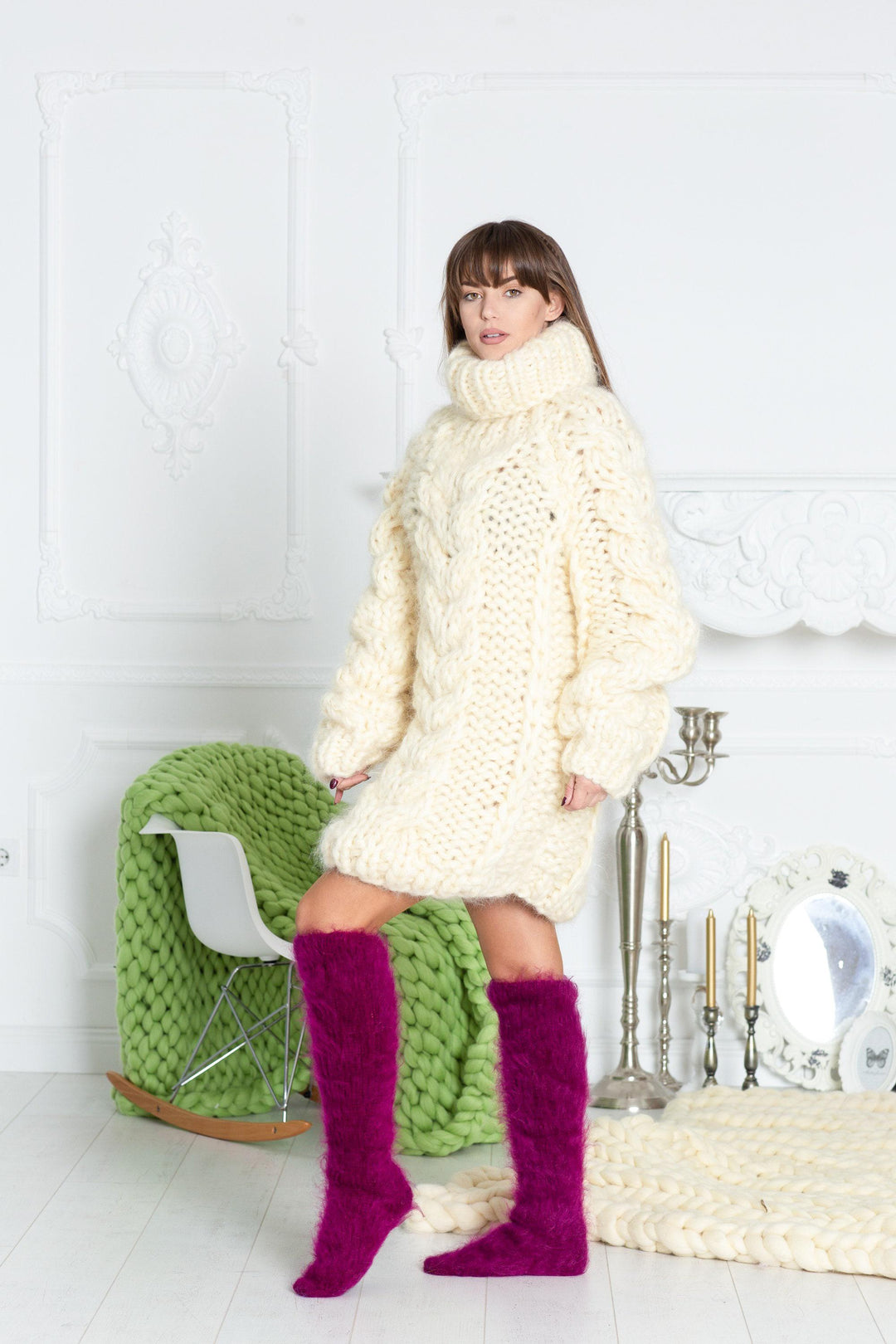 12-Strand Cabled Mohair Sweater – Hand-Knitted Oversized Cream Turtleneck Pullover T587