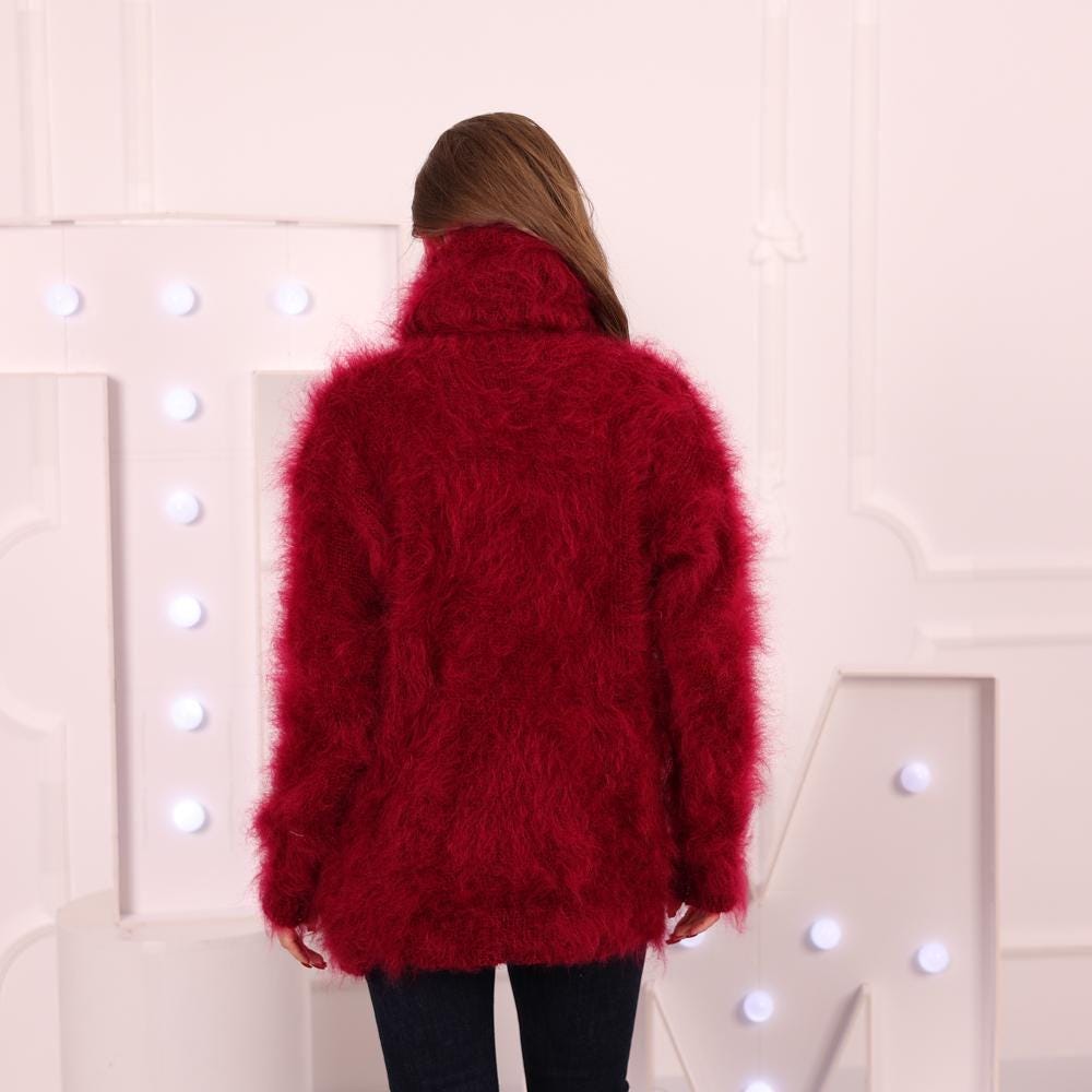 Hand-Knitted Red Mohair Sweater – Fluffy Hairy Soft Oversized 55 cm Turtleneck Pullover T2021