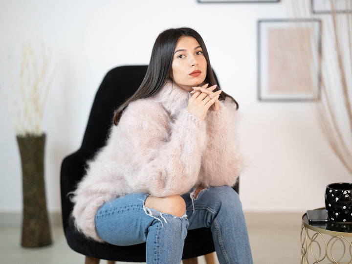 Beige Mohair Turtleneck Sweater, Hand Knitted Soft Fluffy Pullover T1153