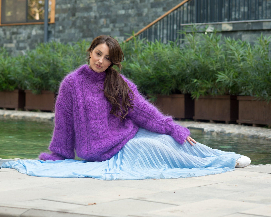 Purple Mohair Sweater – Hand-Knitted Light Chunky Bright Bohemian Pullover T841