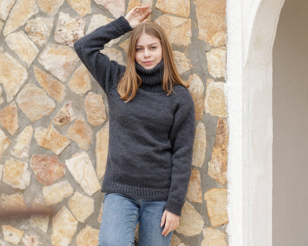 Gray Mohair Turtleneck Sweater – Hand-Knitted Soft Fluffy Pullover with Extra-Long 55 cm Neck T1379