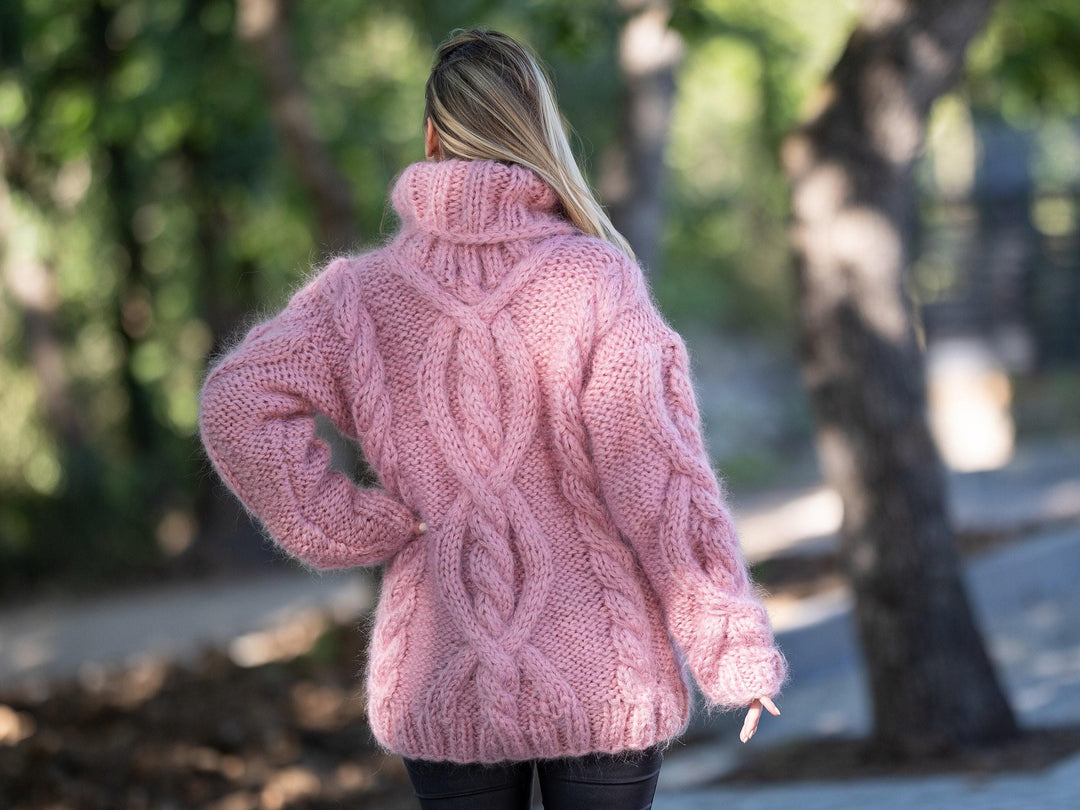 10-Strand Cabled Mohair Sweater – Hand-Knitted Chunky Fuzzy Jumper T1214