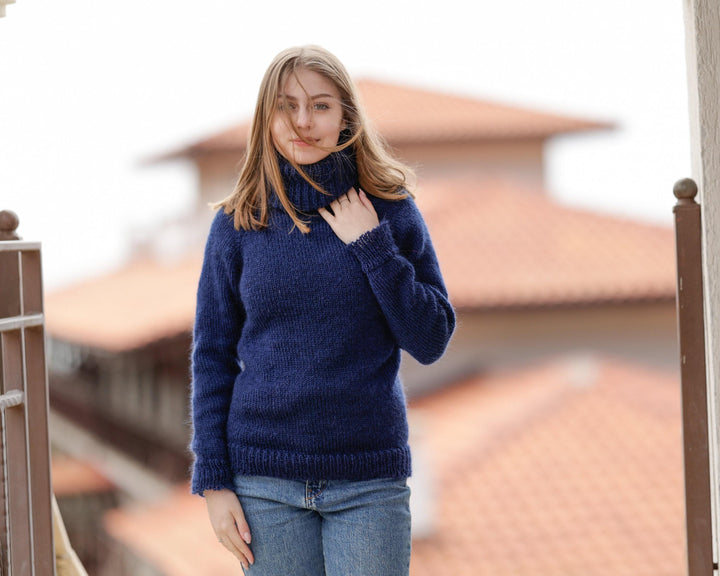 Navy Blue Mohair Turtleneck Sweater – Hand-Knitted Fluffy Soft Winter Pullover T1380