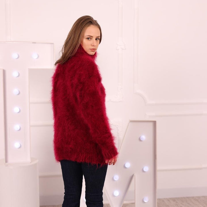 Hand-Knitted Red Mohair Sweater – Fluffy Hairy Soft Oversized 55 cm Turtleneck Pullover T2021