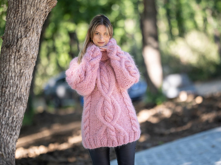 10-Strand Cabled Mohair Sweater – Hand-Knitted Chunky Fuzzy Jumper T1214