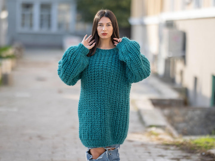 Green Mohair Sweater – Hand-Knitted Soft Crewneck Pullover T1154