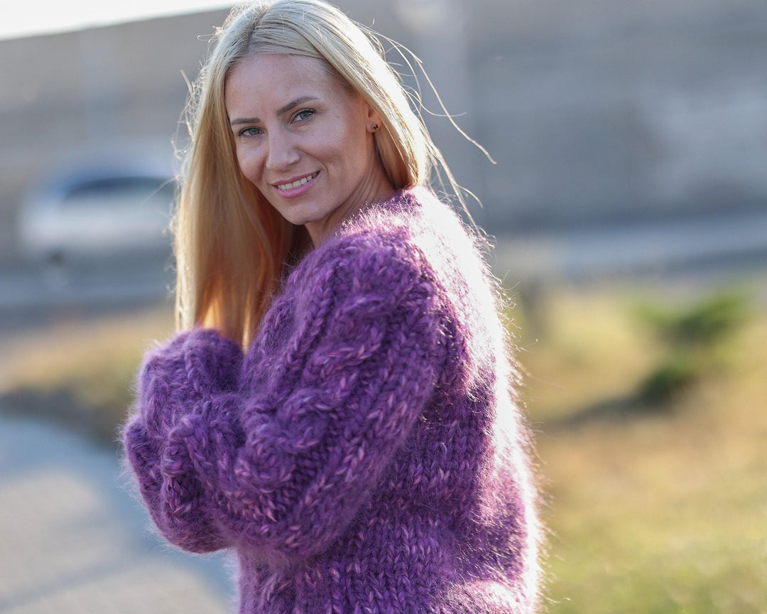 16-Strand Cabled Mohair–Alpaca Mix Sweater – Hand-Knitted Chunky Fuzzy Jumper T1478