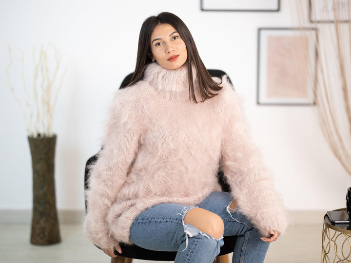Beige Mohair Turtleneck Sweater, Hand Knitted Soft Fluffy Pullover T1153
