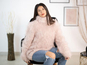 Beiger Mohair-Rollkragenpullover, handgestrickter weicher, flauschiger Pullover T1153