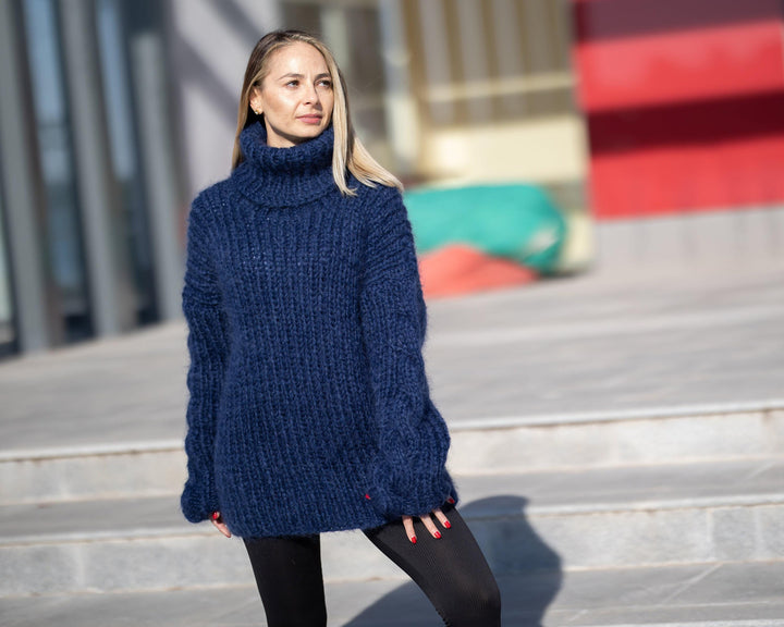 Navy Blue Mohair Sweater – Hand-Knitted Women’s Pullover T1298