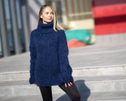 Pull Mohair Bleu Marine – Tricoté Main Femme T1298