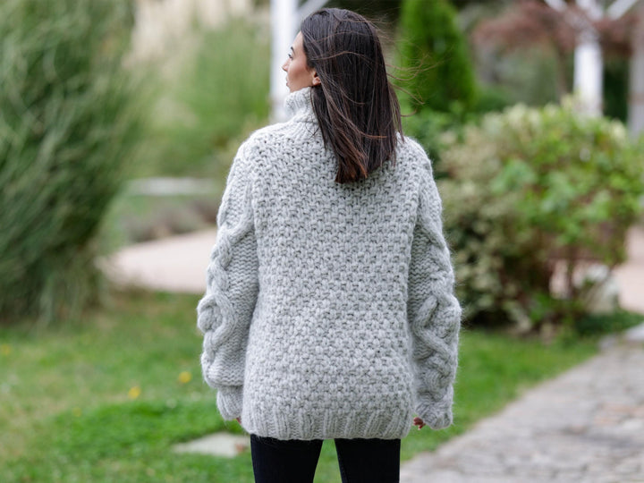 15-Strand Alpaca and Merino Wool Sweater, Hand Knitted Extra Soft Brushed Gray Jumper T1129