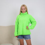 Neongrüner Alpaka-Pullover, handgestrickter, elastischer Bouclé-Garn-Fuzzy-Pullover T1904